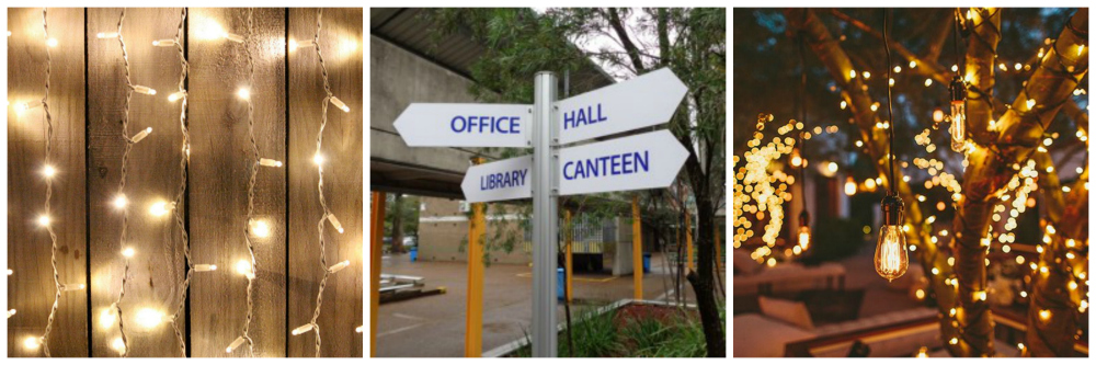 school Christmas decoration directional signs fairy lights